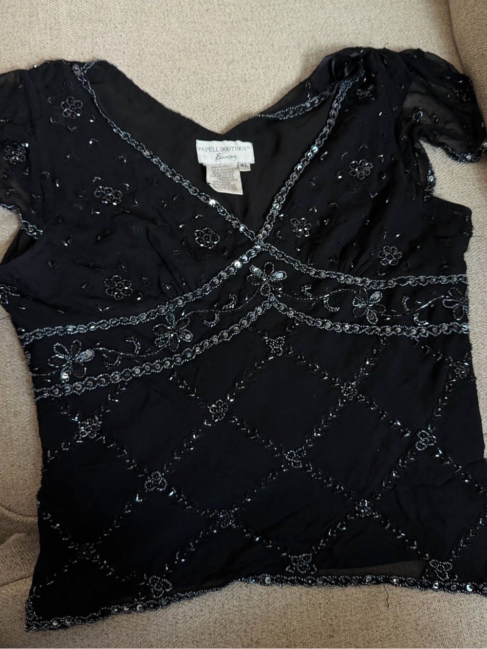 Papell Boutique Black Beaded V-Neck Short Sleeve Top